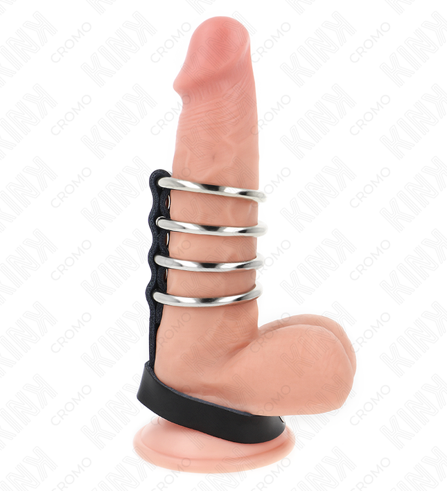 KINK - 4 METAL PENIS RINGS 3.8 CM CONNECTED WITH LEATHER STRAP 22 X 1.5 CM AND PRESSURE CLOSURE