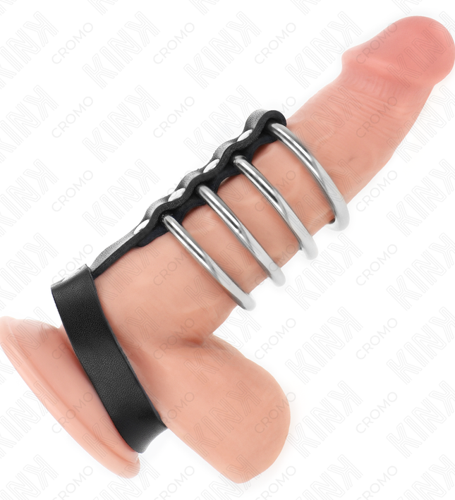 KINK - 4 METAL PENIS RINGS 3.8 CM CONNECTED WITH LEATHER STRAP 22 X 1.5 CM AND PRESSURE CLOSURE