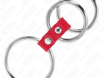 KINK - TRIPLE METAL PENIS RING 3.7 CM TO 5 CM CONNECTED WITH RED LEATHER