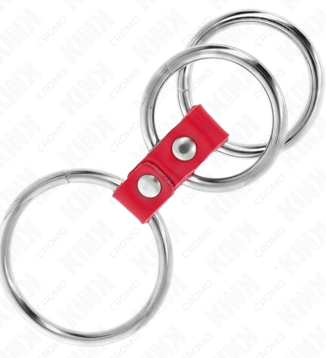 KINK - TRIPLE METAL PENIS RING 3.7 CM TO 5 CM CONNECTED WITH RED LEATHER