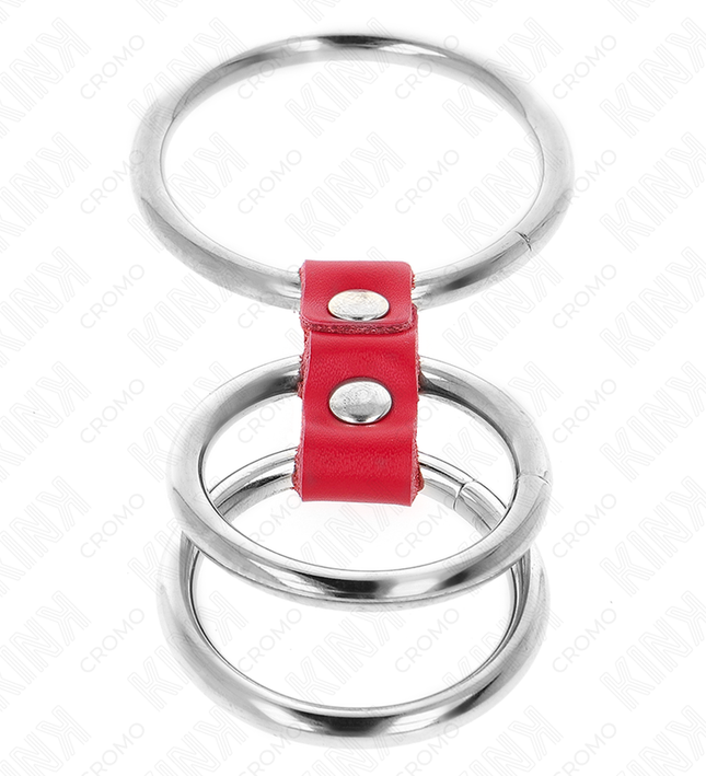 KINK - TRIPLE METAL PENIS RING 3.7 CM TO 5 CM CONNECTED WITH RED LEATHER