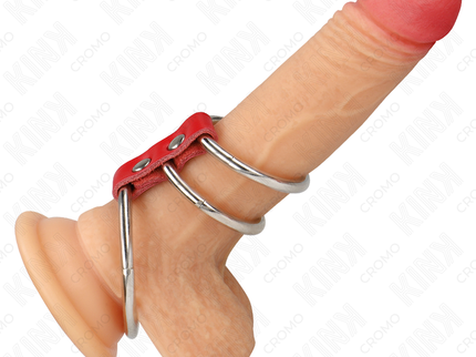 KINK - TRIPLE METAL PENIS RING 3.7 CM TO 5 CM CONNECTED WITH RED LEATHER