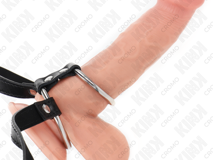 KINK - DOUBLE METAL PENIS RING 3.8 CM TO 5 CM WITH LEATHER BELT 112 CM