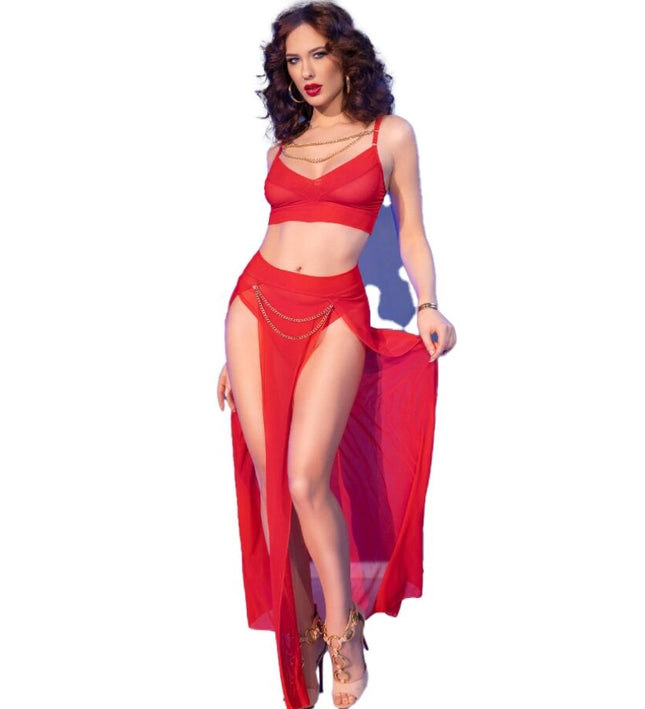 CHILIROSE - CR 4850 RED TOP AND LEGGINGS SET WITH GOLDEN ACCESSORIES S