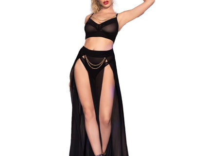 CHILIROSE - CR 4672 BLACK TOP SKIRT AND THONG WITH GOLDEN CHAINS S