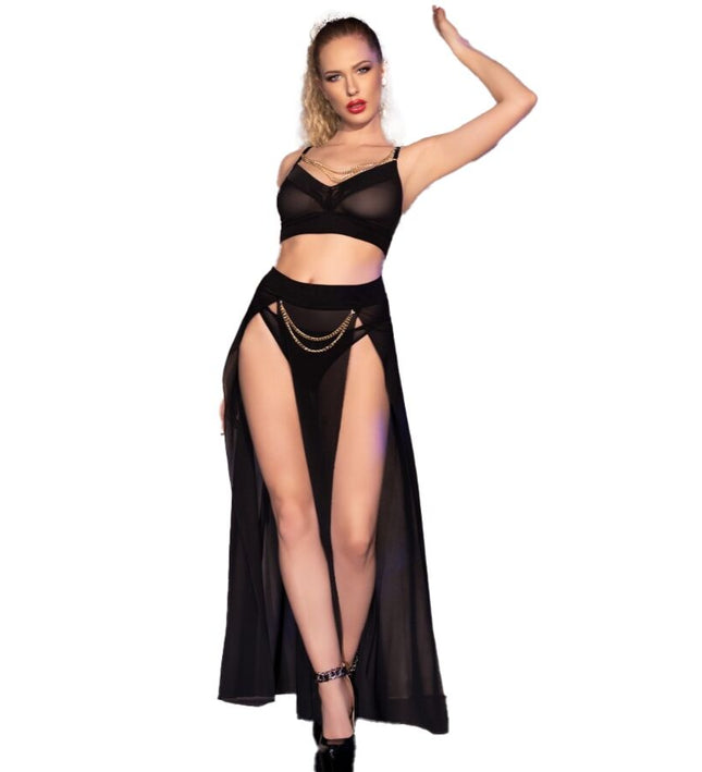 CHILIROSE - CR 4672 BLACK TOP SKIRT AND THONG WITH GOLDEN CHAINS M