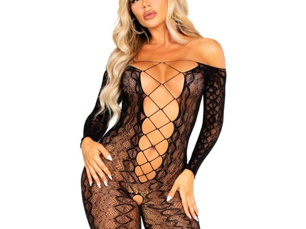 LEG AVENUE - CROTCHLESS BODYSTOCKING IN EXOTIC SNAKE LACE BLACK