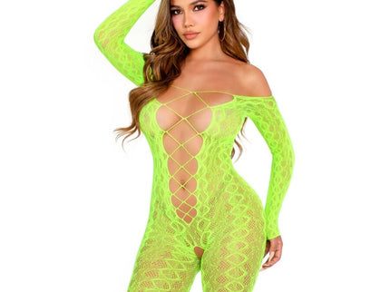 LEG AVENUE - CROTCHLESS BODYSTOCKING EXOTIC SNAKE LACE NEON GREEN