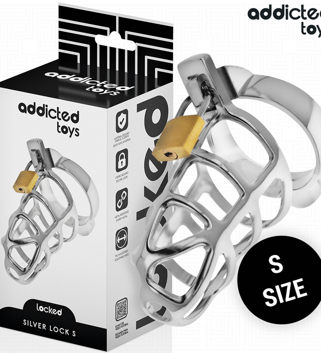 ADDICTED TOYS LOCKED - SILVER LOCK METAL PENIS CAGE SIZE S