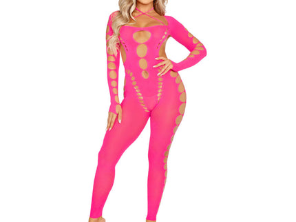 LEG AVENUE - PINK OPEN BACK BODYSTOCKING ONE SIZE