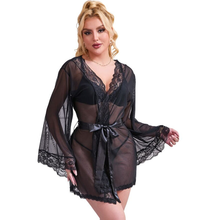 SUBBLIME - TRANSPARENT FABRIC ROBE WITH LACE DETAIL BLACK S/M