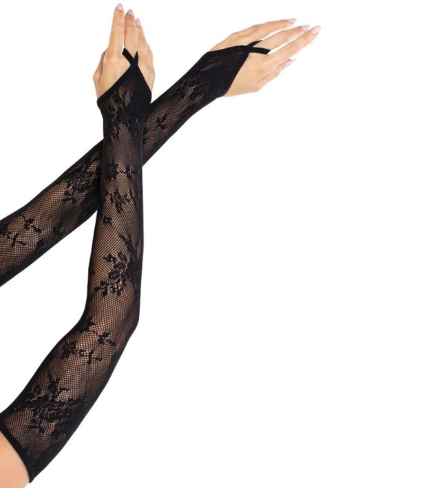 LEG AVENUE - EXTRA LONG FLORAL LACE ARM WARMER GLOVES BLACK