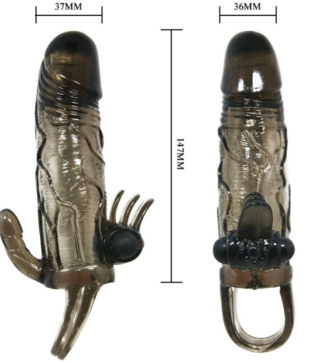 BAILE - BRAVE MAN PENIS COVER WITH CLIT AND ANAL STIMULATION DOUBLE BULLET BLACK 16.5 CM