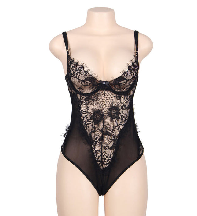 SUBBLIME - QUEEN PLUS FLORAL LACE AND FRINGED BLACK TEDDY