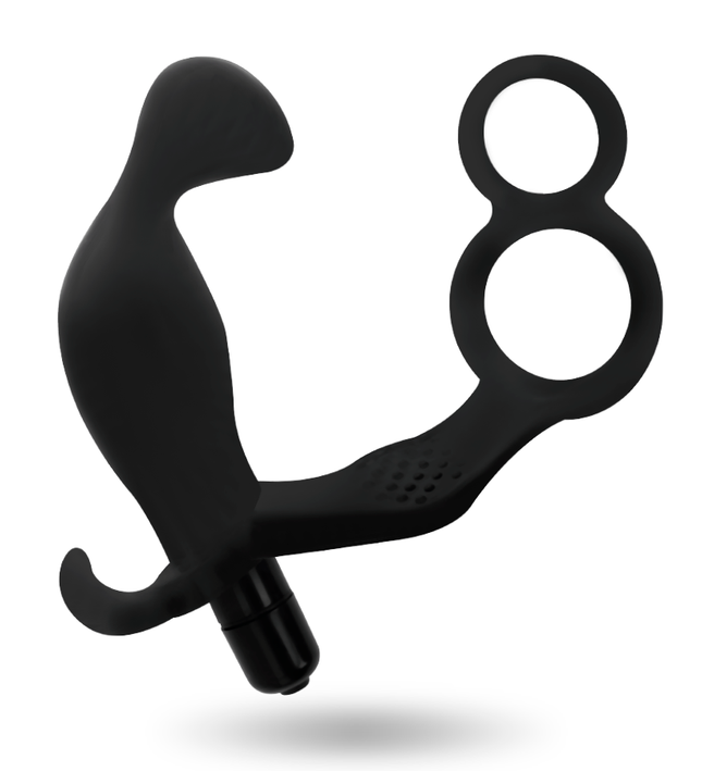 ADDICTED TOYS - ANAL PLUG WITH DOUBLE PENIS RING AND TESTICLES BLACK