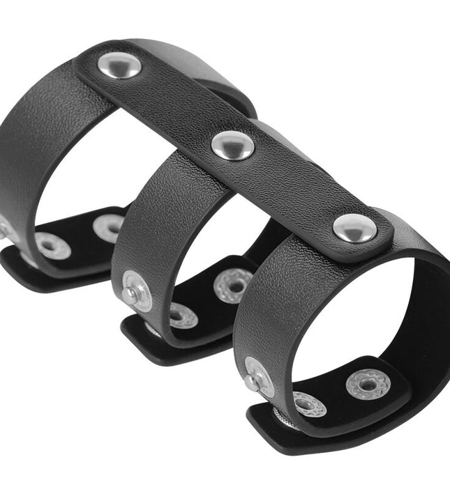 DARKNESS - ADJUSTABLE LEATHER DOUBLE PENIS AND TESTICLE RING